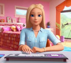 a barbie doll sitting at a desk with a keyboard