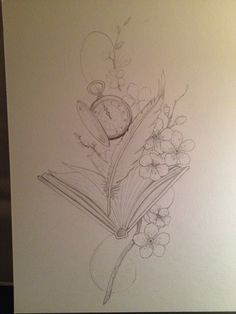 a drawing of flowers and an alarm clock