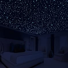 a bedroom with stars on the ceiling and bed in the foreground, blue lighting