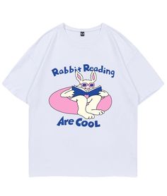 White &apos;Rabbit Reading Are Cool&apos; Printed T-Shirt | Sunoo - Enhypen XL White Cotton T-shirt With Bunny Design, White Short Sleeve T-shirt With Bunny Print, Casual White T-shirt With Bunny Print, Kpop Tshirt, Fashion Chingu, Love Is Everything, Wendy Red Velvet, Reading Shirts, Comfort Wear