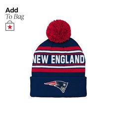 a new england knit hat with a pom - pom on the front and side