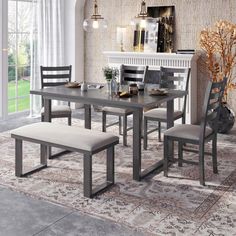 Gather everyone around this dining set - it can comfortably seat 6 people with one table, four chairs, and one 2-person bench included, creating a beautiful and relaxed dinner time. Perfect for family meals or gatherings in your dining room or kitchen. With a double-layer design, the tabletop is made of high-quality MDF, smooth and durable. Crafted with LVL, the table and chair legs are sturdy enough to support you and your family. The simple lines and seamless silhouette design highlight a mini Comforting Aesthetic, Wood Dining Room Set, Kitchen Table Wood, Mdf Panel, Dinette Tables, Wood Dining Room, Solid Wood Dining Set, Dinette Sets, Family Furniture