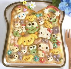 there are many small toy animals on this toast