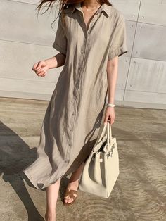 Solid Button Front Dress, Casual Short Sleeve Maxi Dress With A Collar, Women's Clothing Short Sleeve Shirt Dress, Linen Dress Women, Cotton Linen Dresses, Linen Shirt Dress, Short Sleeve Dress Shirt, Short Sleeve Maxi Dresses, Minimalist Dresses, Long Shirt Dress, Khaki Dress