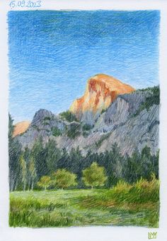 a colored pencil drawing of a mountain range with trees and grass in the foreground