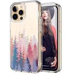 an iphone case with a photo of a woman in the woods on it and trees