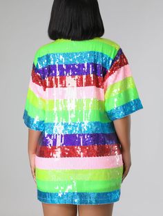 DETAILS Sequin Rainbow T-shirt dress SIZE CHART Size Length Bust One Size 80cm | 31.5 in 118cm | 46.5 in Winter Bottoms, Rainbow T Shirt, Denim Suit, Split Maxi Dress, White Maxi Dresses, Dress Size Chart, Trending Now, T Shirt Dress, Color Patterns