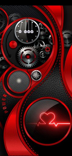 an abstract red and black clock with gears on it's face, showing the time