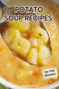 A spoonful of creamy potato soup with tender potato chunks, perfect for fall dinners. Text reads "Potato Soup Recipes" and "For Fall Dinners." Ideal for cozy meals. Best Potato Soup Recipe, Potato Soup Recipes, Best Potato Soup, Cozy Dinners, Fall Soup, Spicy Soup, Potato Leek Soup, Fall Nights