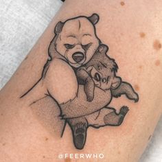 a drawing of a bear hugging another bear on the thigh with caption saying, i love you