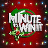 the words minute to win it surrounded by christmas lights and holly berries on a red background