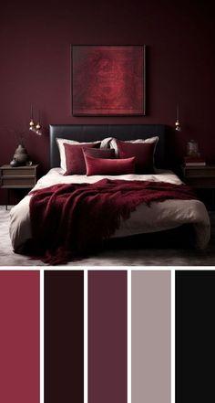 a red and black bedroom with white bedding, pillows and throw pillows on the bed