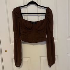 Akira Brown Long Sleeve Corset Top Size S Never Worn, In New Condition Super Cute Top With Corset Closing In Middle Peasant Style Sleeve Fitted Brown Blouse For Night Out, Long Sleeve Corset Top, Long Sleeve Corset, Brown Long Sleeve, Denim Skirt Women, Peasant Style, Skirt Women, Cute Top, Corset Top