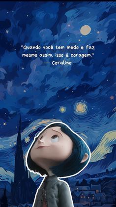 a woman standing in front of a night sky with stars and the words'quanndo vost tem meda e faz mes