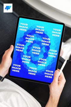 a person holding an ipad with the text your image here on it