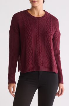 Cable stitching lends timeless charm to this cozy sweater that's a wardrobe staple when the temp drops. Crewneck
 Long sleeves 100% acrylic Hand wash, dry flat Imported Cozy Burgundy Knit Sweater, Burgundy Knit Sweater For Layering, Wine Red Sweater, Wine Sweater, Port Wine, Cable Stitch, Sweaters Crewneck, Cute Sweaters, Cotton Sweater