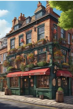 a painting of a building with flowers growing on it's windows and balconies