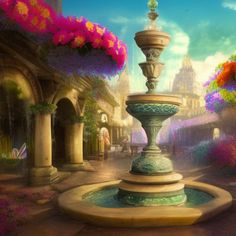 an artistic painting of a fountain surrounded by flowers