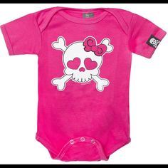 Bright Pink One Piece With Girly Skull, Bow And Heart Eyes. 100% Cotton. Machine Wash Cold. Cute Cartoon Print Bodysuit For Playwear, Fitted Pink Bodysuit With Cartoon Print, Cute Pink Onesie With Cartoon Print, Cute Bodysuit For Playwear, Cute Pink Bodysuit For Playwear, Cute Pink Playwear Bodysuit, Cute Cotton Halloween Bodysuit, Cute Cotton Halloween Onesie, Fun Pink Onesie For Playwear