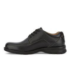 A true classic in men’s fashion, these casual dress shoes are made with genuine full grain leather uppers and complete with the traditional oxford silhouette. Inside these men’s shoes you’ll find Dockers All Motion Comfort technology designed to provide all day comfort and encourage good foot health. The cushioned footbed will keep your feet relaxed, while the durable rubber outsole adds exceptional support. Perfect for any dress occasion, these oxfords pair well with dress pants, slacks, or kha Business Casual Moc Toe Dress Shoes, Masculine Moc Toe Oxfords For Business, Masculine Business Casual Oxford Shoes, Semi-formal Moc Toe Oxfords, Casual Goodyear Welted Moc Toe Leather Shoes, Classic Oxford Dress Shoes With Moc Toe, Classic Black Oxfords With Leather Footbed, Oxford Leather Shoes With Moc Toe, Classic Moc Toe Oxford Dress Shoes