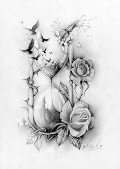 a pencil drawing of an hourglass with roses and birds flying around it, on a white background