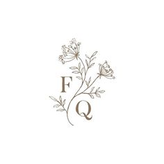 the letter q with flowers and leaves on it is shown in this logo for fq