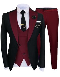 a suit and tie are shown in red, black, and white color scheme for men