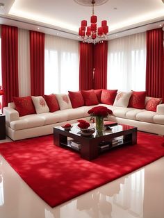 the living room is decorated in red and white colors, with modern furnishings on each side