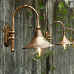 an old fashioned light fixture is hanging on the side of a wooden wall with ivy growing around it