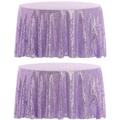 two purple sequin tablecloths on top of each other