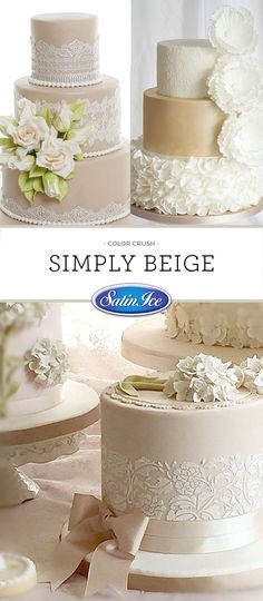 three different types of wedding cakes with ribbons and flowers on the top one is for simply beige