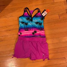 Brand New With Tags Top: Pit To Pit - 13 In Top Of Shoulder To Bottom - 15.5 In Shorts: Waist - 26 In Rise - 9.5 In Inseam - 1 In Tb Pink And Blue Sunset, Suit 3 Piece, Blue Sunset, Gerry Weber, Kids Swimming, Bathing Suit, 3 Piece, Bathing Suits, Size 12