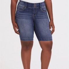 Mid Rise Bermuda Denim Shorts From Torrid, Super Stretch Size 28 Nwot Mid-rise Denim Blue Bottoms With Built-in Shorts, Fitted High Waist Denim Bermuda Shorts, Fitted Medium Wash Jean Shorts Mid-thigh Length, Fitted High-waist Denim Bermuda Shorts, Dark Wash Stretch Bottoms Short Length, Fitted Medium Wash Shorts, Mid-thigh Length, Stretch Dark Wash Short Length Bottoms, Fitted Medium Wash Mid-thigh Shorts, Fitted Medium Wash Mid-thigh Length Shorts