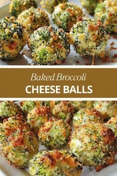 baked broccoli cheese balls on a plate with the title above it and below