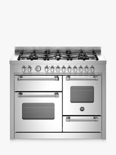 a silver stove top oven with two burners on each side and one door open