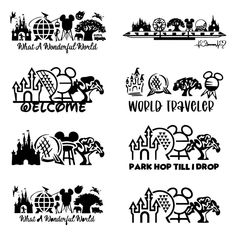 the logos for walt world are shown in black and white, with mickey mouse's castle