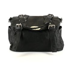 Versatile! Cesca Black Metal Accent Roomy Mod Satchel. Turn Latch Closure. Silver Hardware. 100% Polyurethane. 15.25"W X 10.5"H X 6"D. Gently Used. Wear To Surface And Interior. Black Distressed Double Handle Foldover Front Flap Closure. Double Handles With 6" Drop. Top Zipper Closure. Interior Zip And Open Pocket Compartments. Silver Hardware. No Shoulder Strap Included. All Measurements Are Approximate. J0322 Metallic Accents, Black Metal, Black Silver, Satchel, Shoulder Strap, Bag Lady, Turn Ons, Women Shopping, Silver