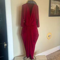 Never Worn Wine Red Cocktail Dress. Low Cut At Chest. Length Would Be Below Knees. Size L. Red Draped Maxi Dress For Party, Red Draped Midi Dress For Formal Occasions, Red Draped Midi Dress For Night Out, Red Midi Dress For Dinner In Fall, Pink Flowy Dress, Pooh Dress, Joseph Ribkoff Dresses, Red Cocktail, Silk Shift Dress