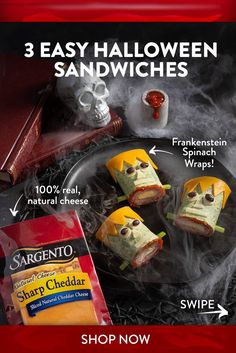 three halloween sandwiches on a plate with ingredients labeled in english and spanish for the recipe