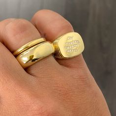 This uniquely shaped signet style ring is composed of 14K solid gold & can be finished with personalized monogram initials or phrase in any font style desired. NOTE: Please leave your request for the specific font style desired in the "Notes" section upon checkout. * For the diamond initial customization kindly email info@nanabijoujewelry.com for further pricing details and assistance. Ring Dimensions: Flat Surface: approximately 15.75mm (W) x 13.5m (L) Signet Surface Height from Inner Band Thic Word Rings, Rectangle Signet Ring, Word Ring, Alphabet Names, Rings Unique, Gold Signet Ring, Affordable Gifts, Font Style, Personalized Monogram