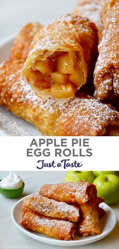 an apple pie egg rolls with powdered sugar on top