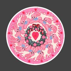 a pink plate with hearts and flowers in the center on a black background is an illustration of two bears holding a wreath