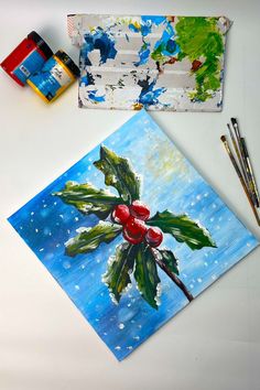 Christmas paintings on canvas featuring a mistletoe with red berries and snowy accents, ideal for holiday decor. Mistletoe Painting, Canvas Ideas, Paintings On Canvas