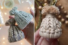 there are two small crocheted ornaments in the same photo, one is white and the other is light blue