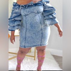 Plis Size Blue Denim Ruffle Off The Sleeve Dress Ruffle Sleeves And Zipper In The Back Blue Denim Stonewash - See Pics Dress Zips Up In The Back Denim - Dark Stone Wash Sizes Xl, 1x, 2x, 3x Size Xl -12 1x - 14 2x - 16 3x - 18 Invisible Back Zipper Size Up For Comfort Elasticized Shoulders Self : 75% Cotton 23% Polyester 2% Spandex Long Sleeve Denim Dress With Ruffles, Blue Denim Knee-length Dress With Ruffles, Medium Wash Denim Mini Dress With Ruffles, Blue Knee-length Denim Dress With Ruffles, Fitted Denim Dress With Zipper Closure, Mini Length, Ruffle Sleeve Dress, Ruffle Dress, Blue Stone, Denim Wash