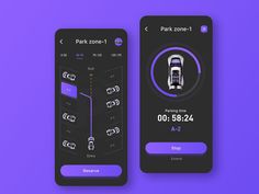 two smartphones displaying parking zones on the screen, one is purple and the other is black