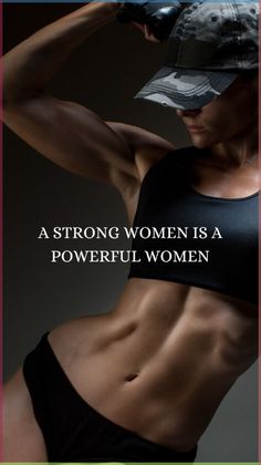 a woman with her arms behind her head and the words strong women is a powerful women