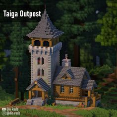 an image of a house made out of legos in the woods with text overlay that reads, taiga outpost