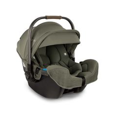 an infant's car seat in grey fabric