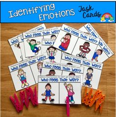 These Identifying Emotions Task Cards provide students with lots and lots of practice with recognizing and identifying emotions.  Use them in task boxes, at independent work stations or as a small group activity. Students may clip, circle or point to their answers.  This download includes three different sets of cards for a total of 72 cards.  Each set is slightly different so that students can have lots of opportunities to practice, and so that you can change out the sets in your task boxes and Cookie Sheet Activities, Emotions Cards, Social Skills Activities, Small Group Activities, Work Stations